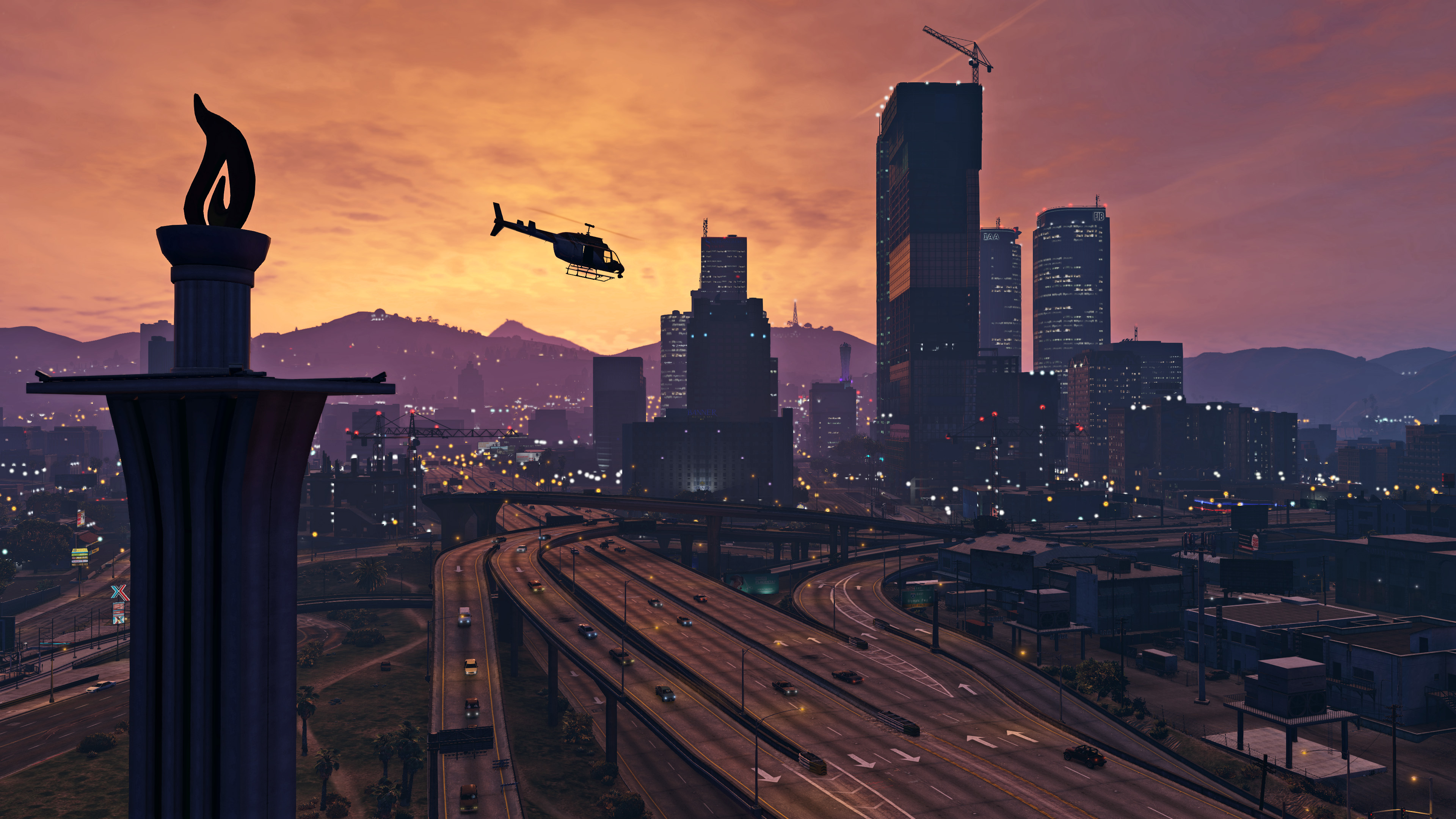 Los Santos skyline and freeway at sunset in Grand Theft Auto V